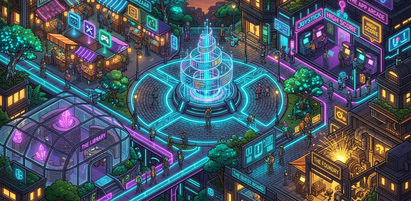 DevTown town square illustration: the fourteen district landmarks arranged around a central glowing plaza, with the Grand Bazaar, App Arcade, Library, Foundry and Quest Board around it.